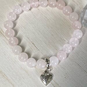 8 mm Rose Quartz Gemstone Stretchy Bracelet with Heart Charm